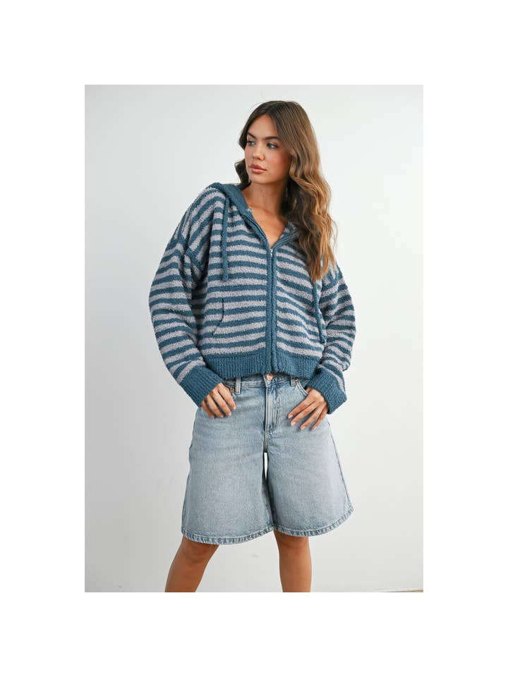 BUTTERMELON - Wholesale Knit Sweater - Women's - Striped Zip-Up Hooded Cardigan - BMC809734