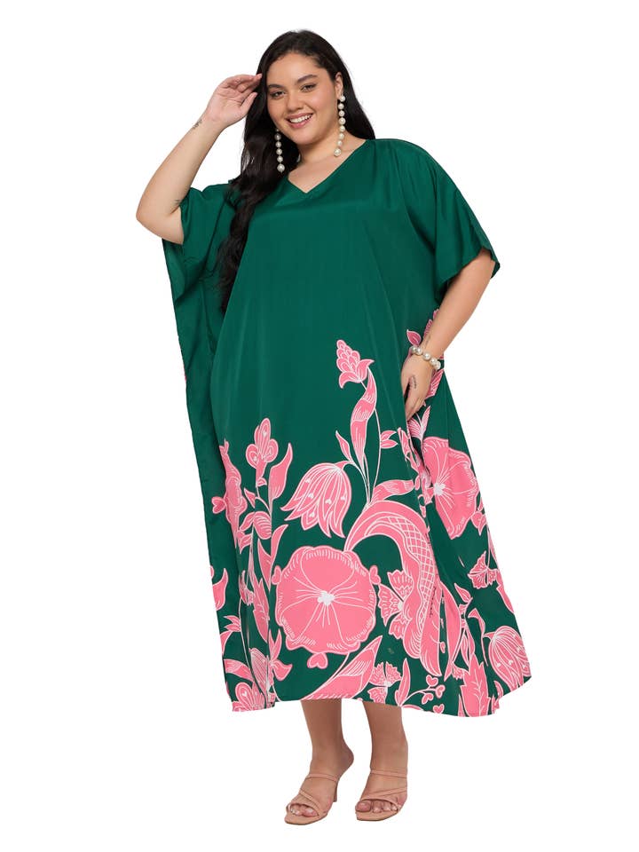 Green Polyester Women Plus Size Caftan Dress For Beach for wholesale by GYPSIE BLU