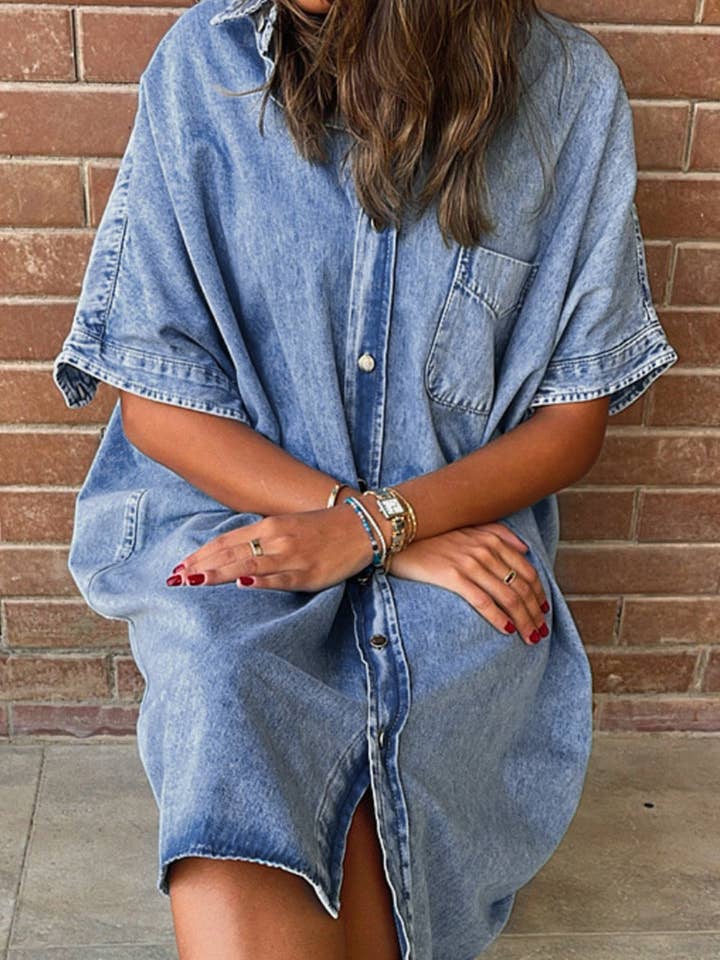 Light Blue Loose Medium Wash Chambray Dress with Short Sleeves for wholesale on Faire8