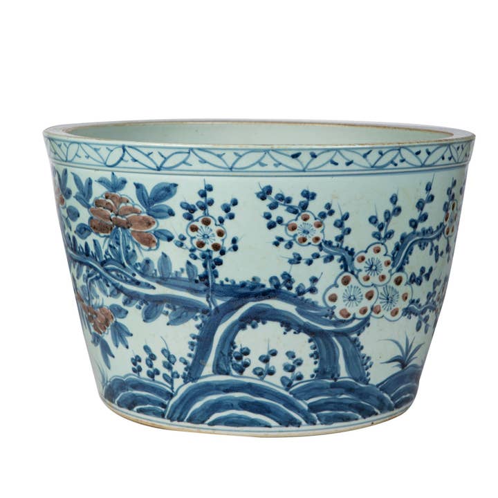 Underglaze Red Peony Basin Planter for wholesale by Legend Accents