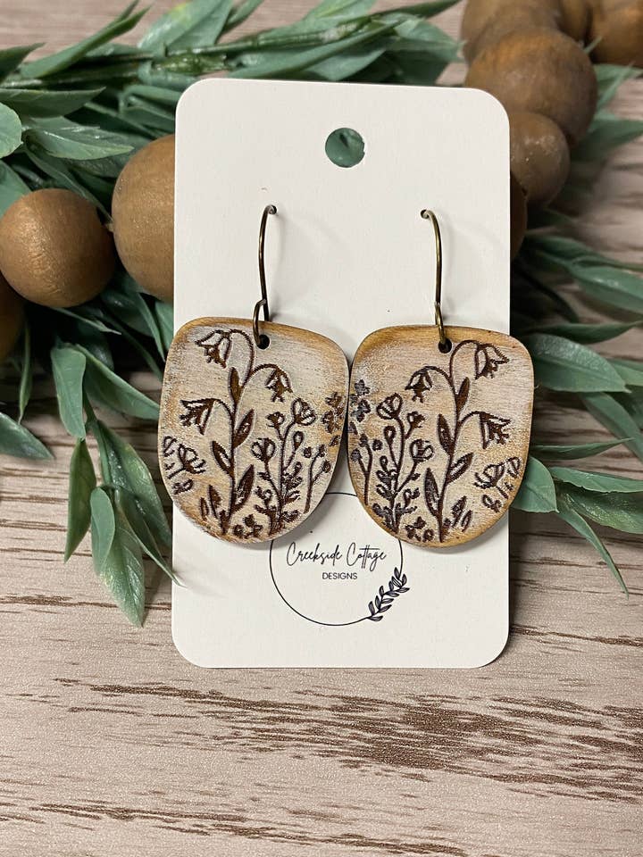 Handmade Wood Engraved Flower Earrings - U-Shaped Boho Jewelry - Nature Inspired Accessories for wholesale by Creekside Cottage Designs
