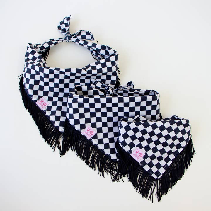 Velvet Outlaw - Wholesale Pet Bandana - Dog - Black & White Checker with Black Fringe Dog Bandana