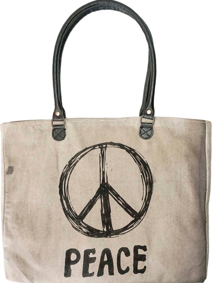 Peace Sign Recycled Military Tent Market Tote for wholesale by Vintage Addiction