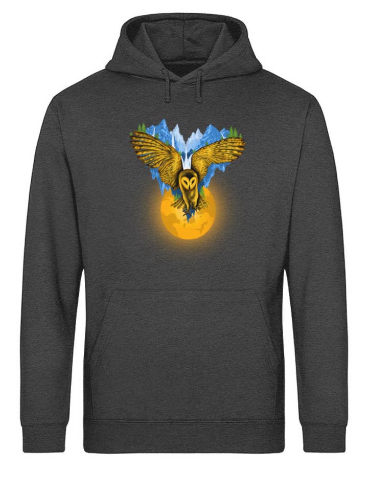 Berge auf fliegender Eule mit Mond - Unisex Basic Organic Hoodie für den Großhandel von Uwaldu
