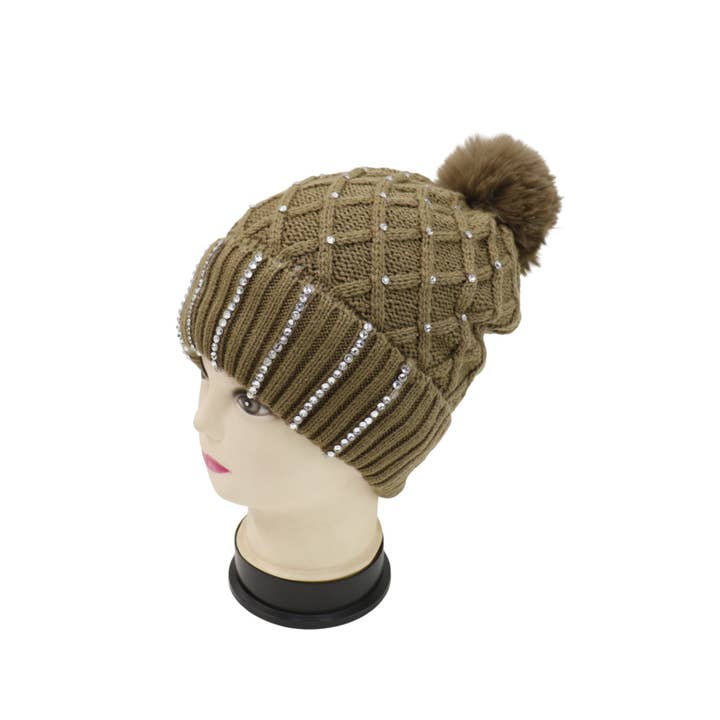 ASSORTED Pom Pom Knitted Beanie With Rhinestone HA4727-8 (12PC) for wholesale on Faire16