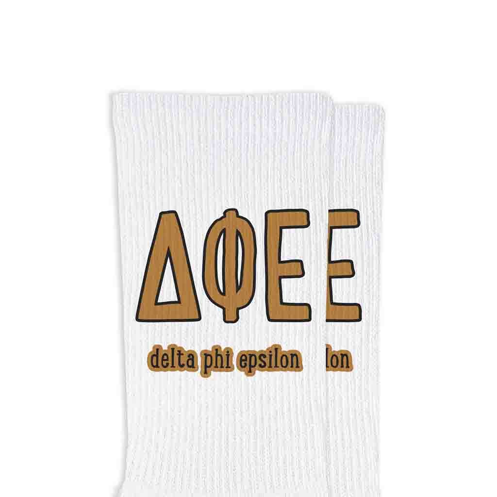 White Sorority Crew Socks with Name and Letters in Sorority Colors for wholesale on Faire11