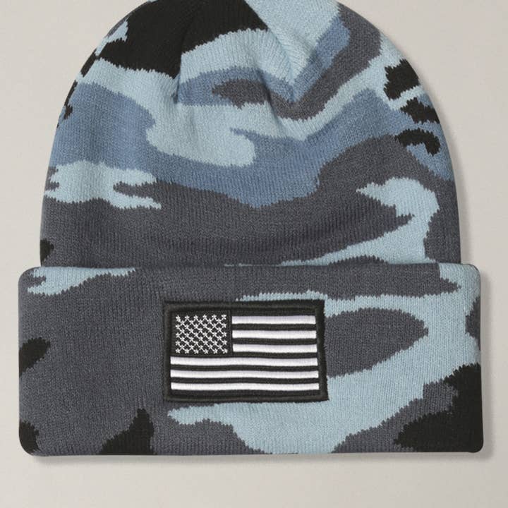 Fashion City - Wholesale Beanie - Unisex - USA Flag Embroidery Patch Cuff Camo Beanie Hat0