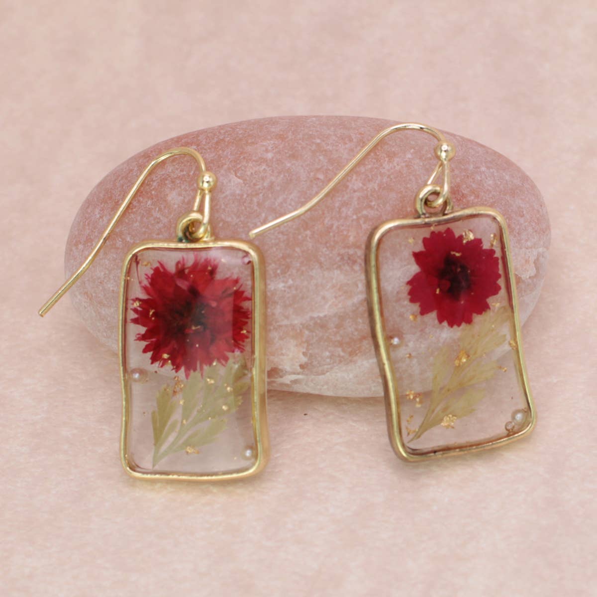 ZAD - Wholesale Dangle Earrings - Cottage Red Dried Flower Rectangle Earrings0