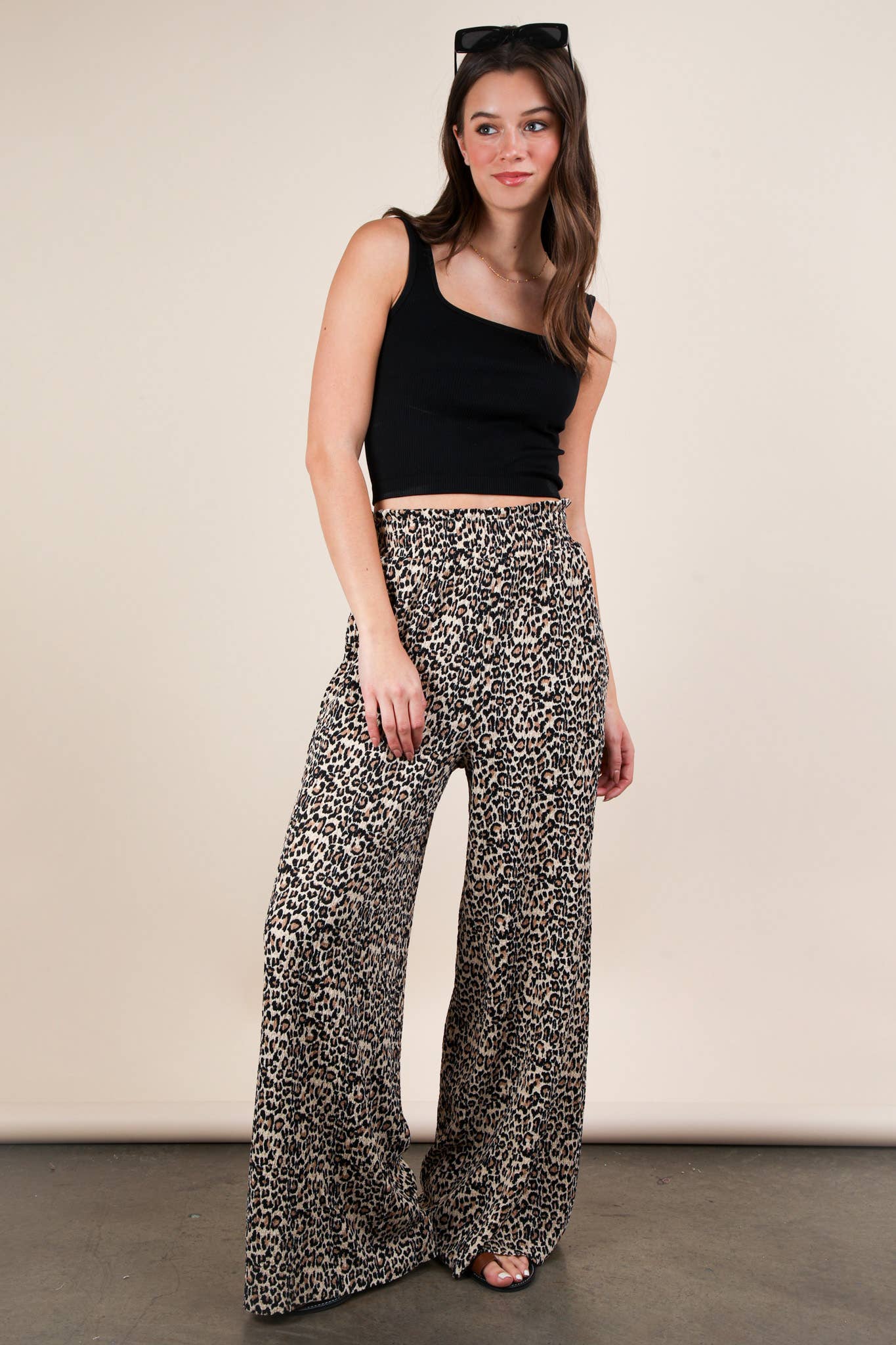 VERY J - Wholesale Pants - Women's - NP70826-Leopard Print & Solid Wide Leg Pleated Pants24