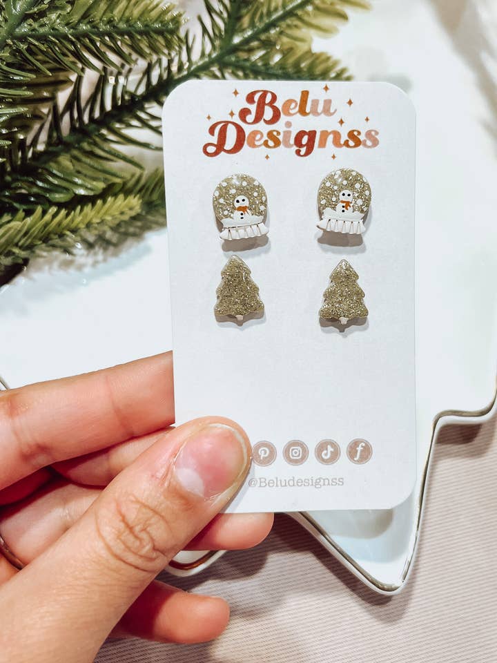 Sparkly snowglobe and tree Christmas polymer clay earrings for wholesale by Belu Designss