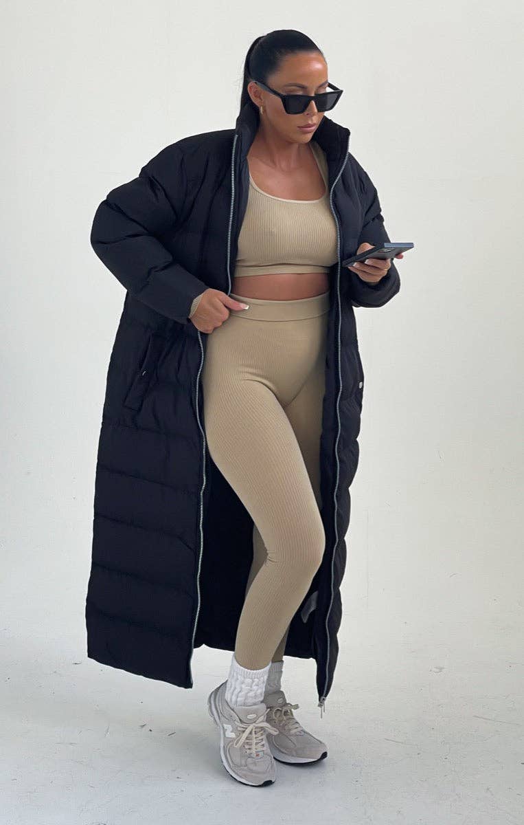 Femme Luxe – wholesale Coat – Women’s – Black Longline Maxi Zip Up Puffer Coat - Heather0