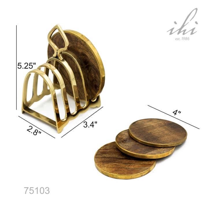 India Handicrafts Inc - Wholesale Coasters - Gold Edge Wood Coaster Set w/ Brass Stand, Set of 4