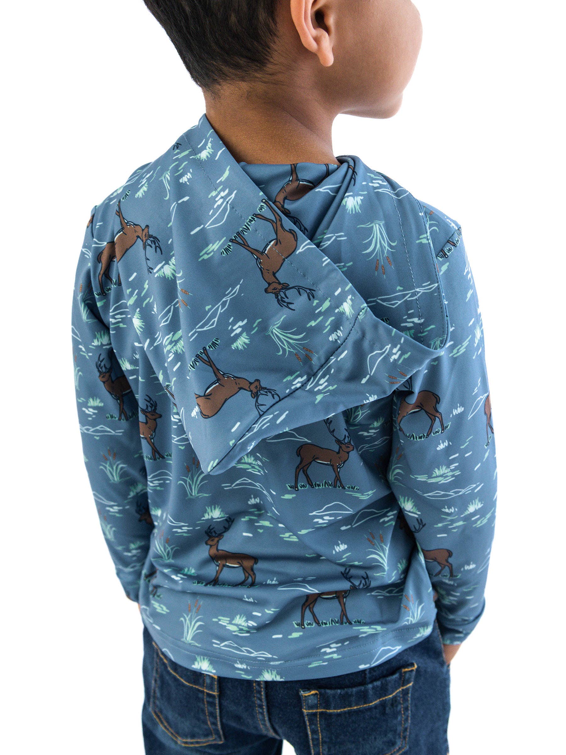 Blue Boys Deer Antler Adventure Performance Hooded Shirt for wholesale on Faire5