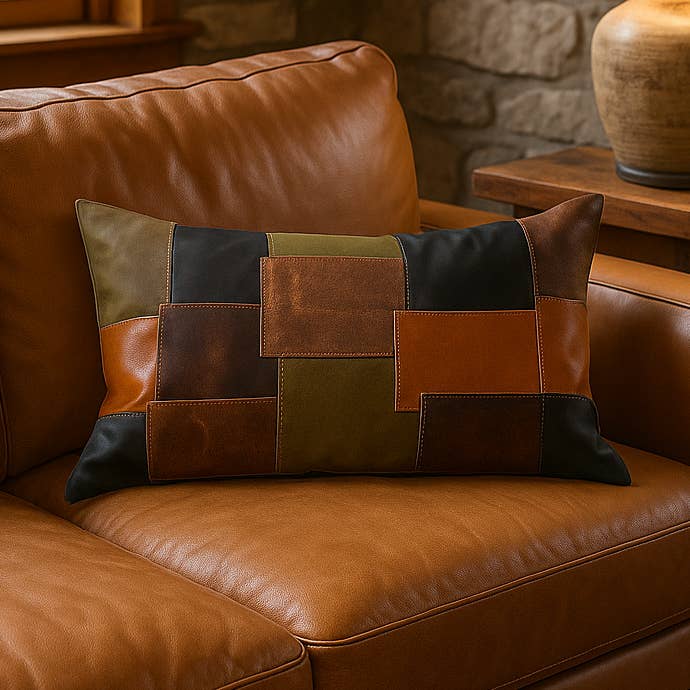 MLC - Wholesale Lumbar Pillow - Earth-Toned Patchwork Leather Cushion Lumbar – Accent Pillow0