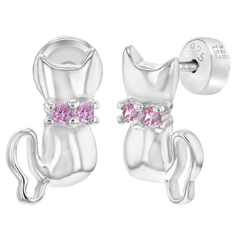 925 Sterling Silver Pink CZ Good Luck Elephant Push Back Safety Earrings Girls