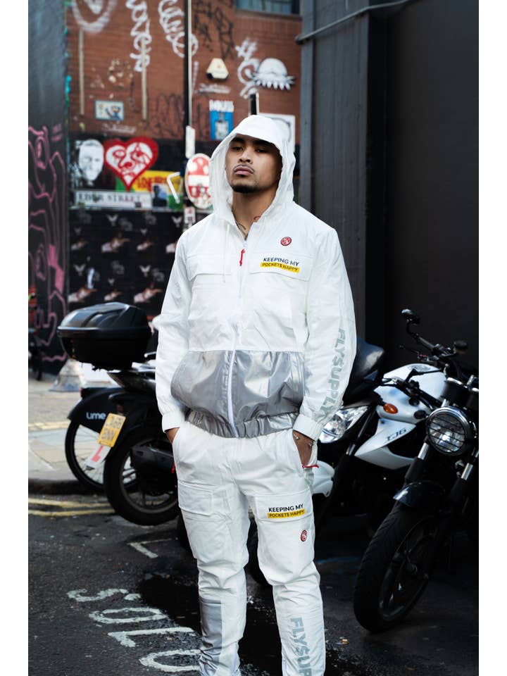 White Happy Pockets Windbreaker Zip-Up Jacket (White) for wholesale on Faire17