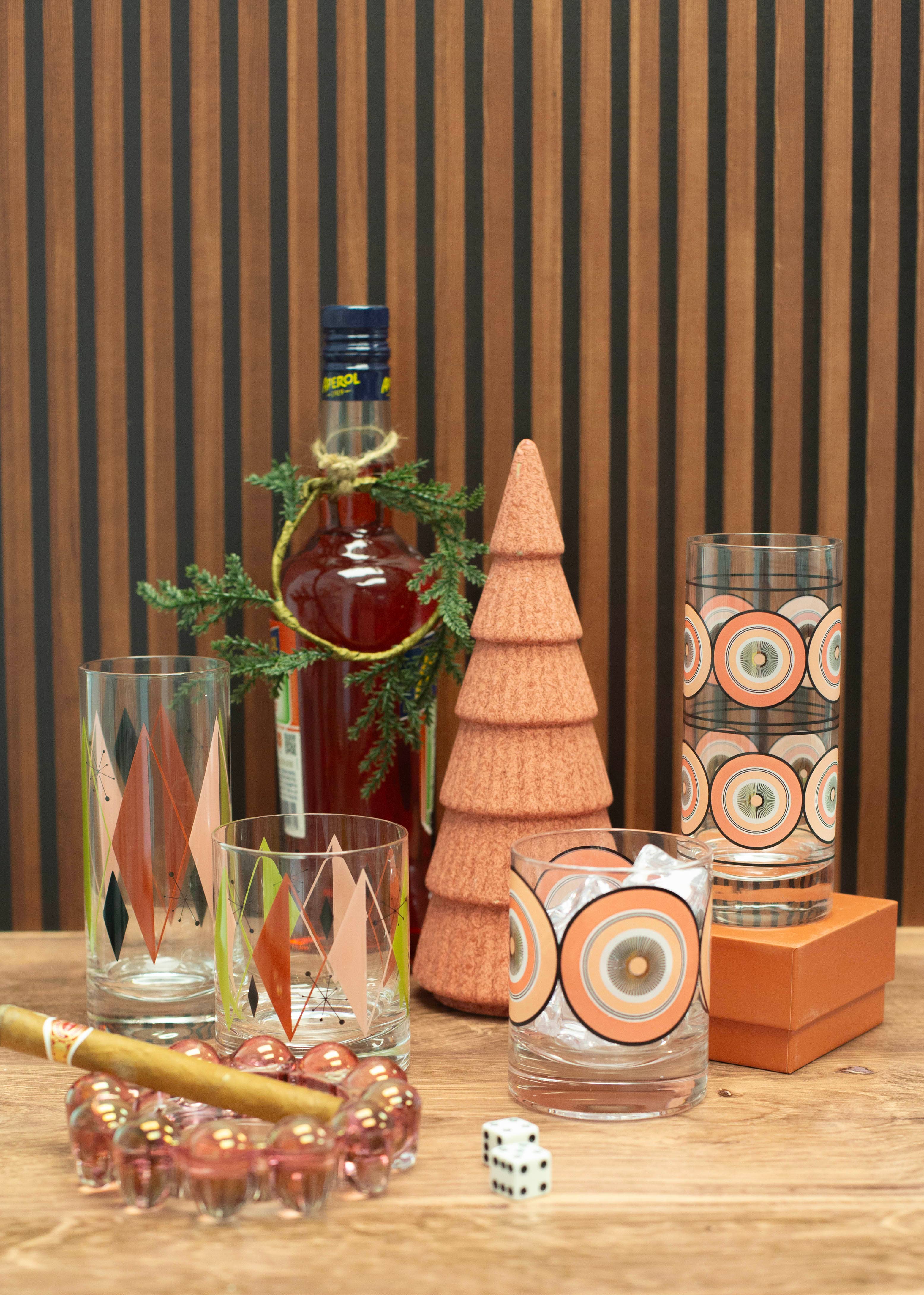 Mod Lounge Paper Company - Wholesale Cocktail/Liquor Glass - Pink Circles Vintage Whiskey Cocktail Glass1