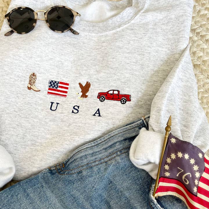 Arden & Gold - Wholesale Sweatshirt - Women's - USA Embroidered Icons Crewneck Sweatshirt | Patriotic