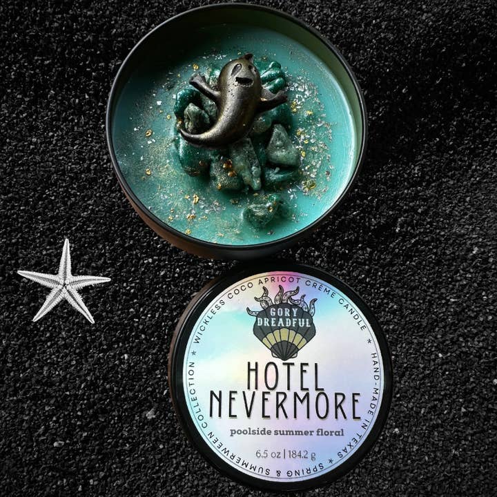 HOTEL NEVERMORE Luxury Wickless Candle 6.5 oz: Poolside Summer Floral Scent for wholesale by Gory Dreadful Candle Co