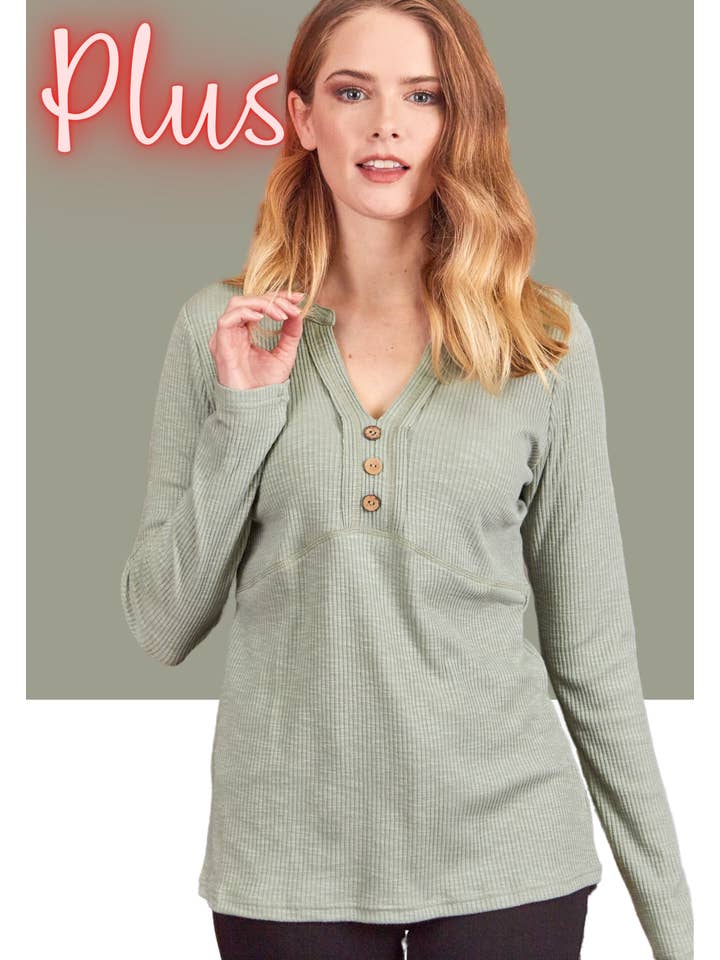P.S Kate - Wholesale Knit Top - Women's - 2tone rib V neck top 13007-PLUS1