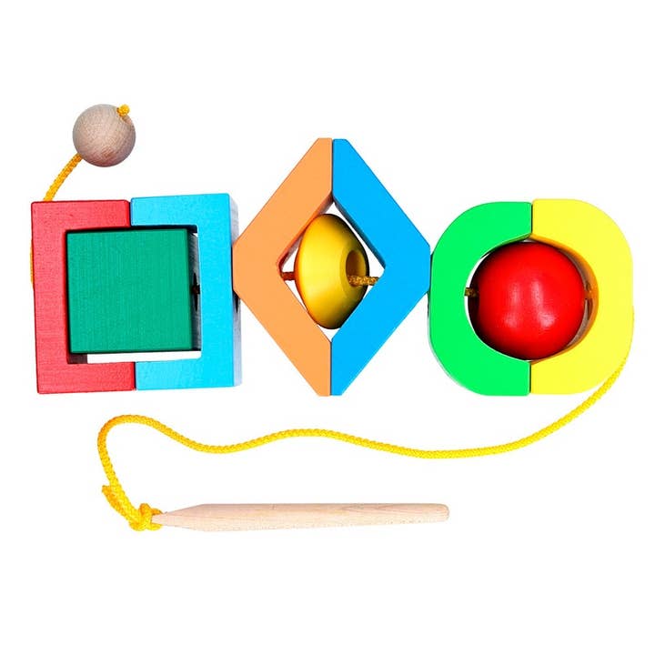 Giocattolo da infilare «Geometrics», giocattolo di allacciatura, giocattolo in legno per la vendita all'ingrosso da parte di Komarov Toys
