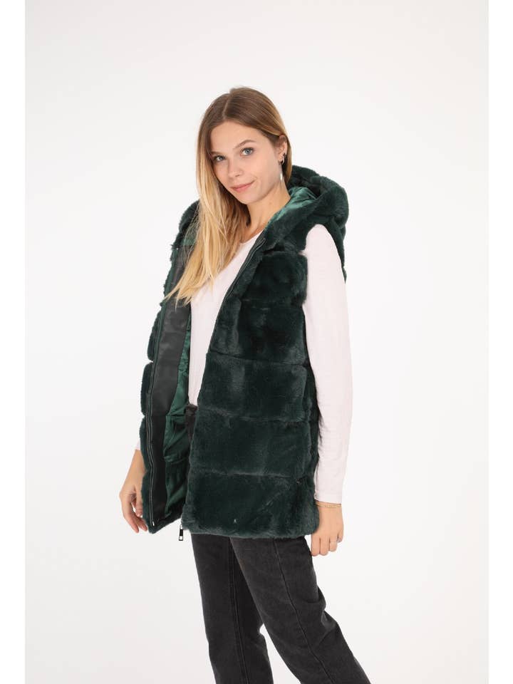 CHOKLATE PARIS – Colete - Mulher por atacado – Colete sem mangas de pele sintética com capuz - Y15612