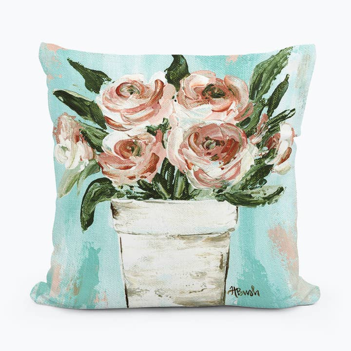 Haley Flower Pot Pink Roses Square Pillow for wholesale by LuckyBird Apparel and Home