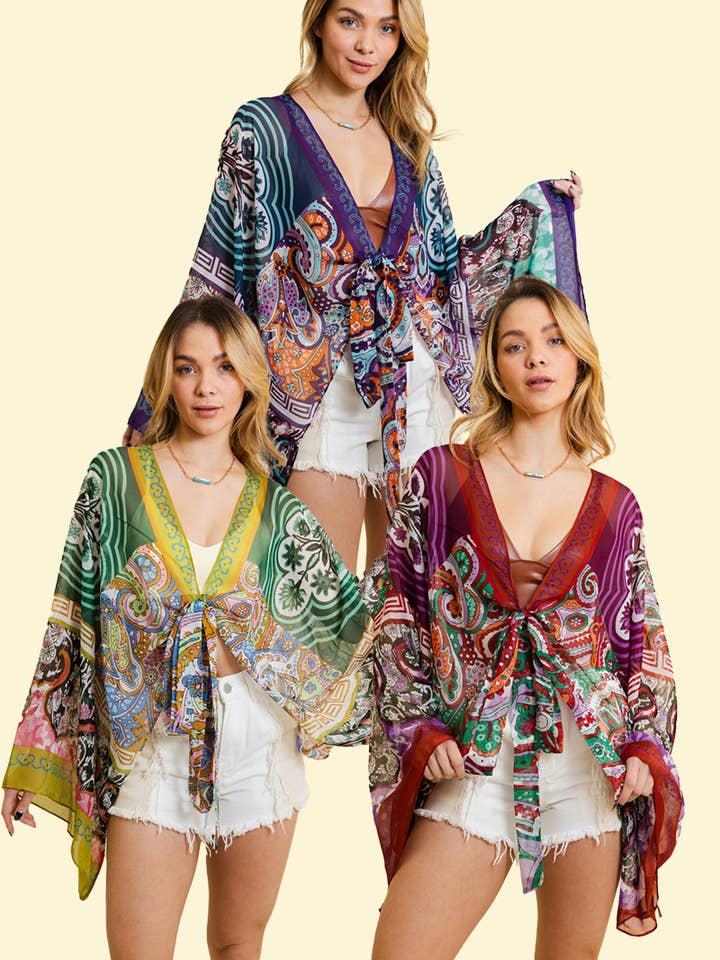 Leto Accessories - Wholesale Kimono - Women's - Summer Boho Chic Tie Front Wrap w/Armholes