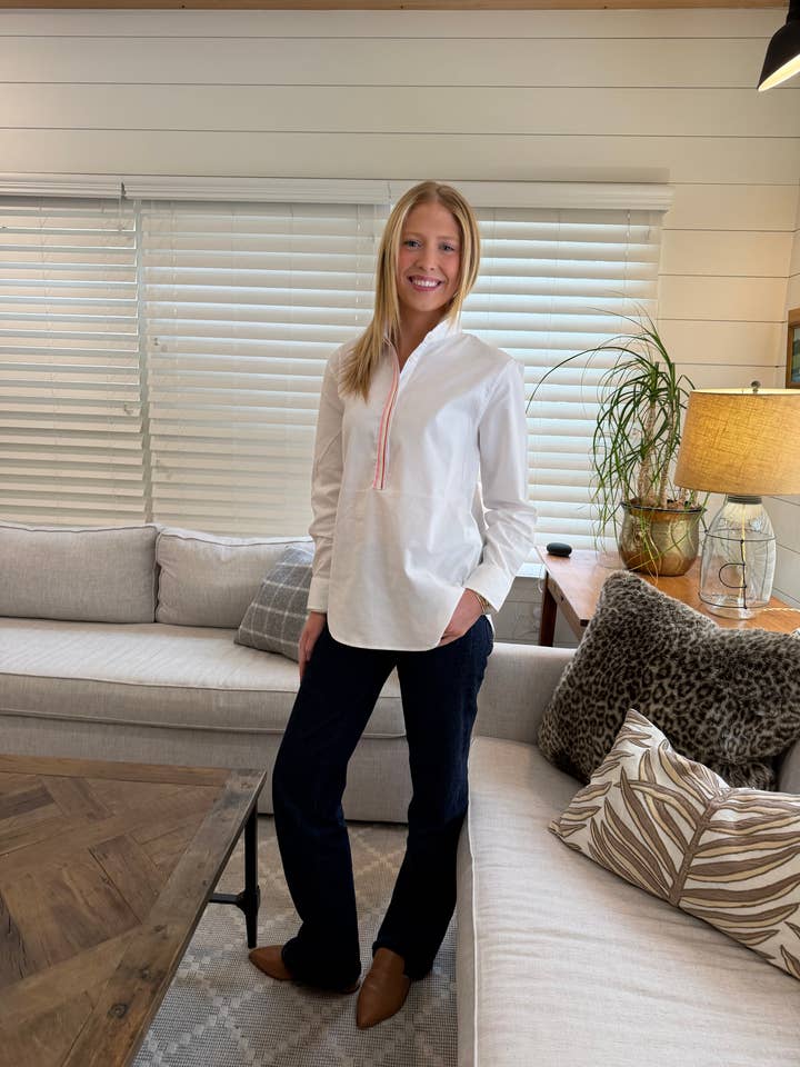 Dorothy 2 Ribbon Tunic - White w Pink & Lime Ribbon for wholesale by Pearly Vine