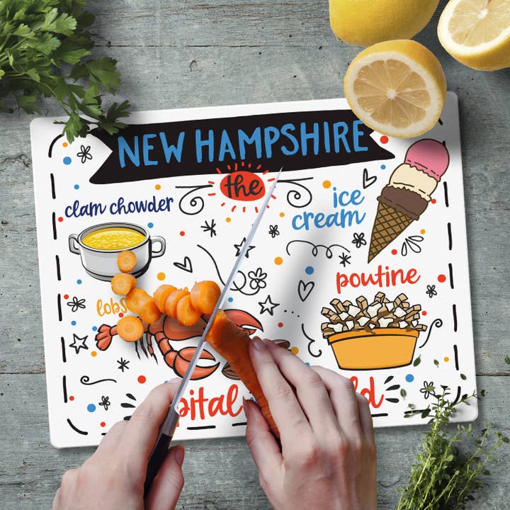 Conimar Promotions - Wholesale Cutting Board - New Hampshire Favorite Foods Glass Cutting Board 10" x 8"