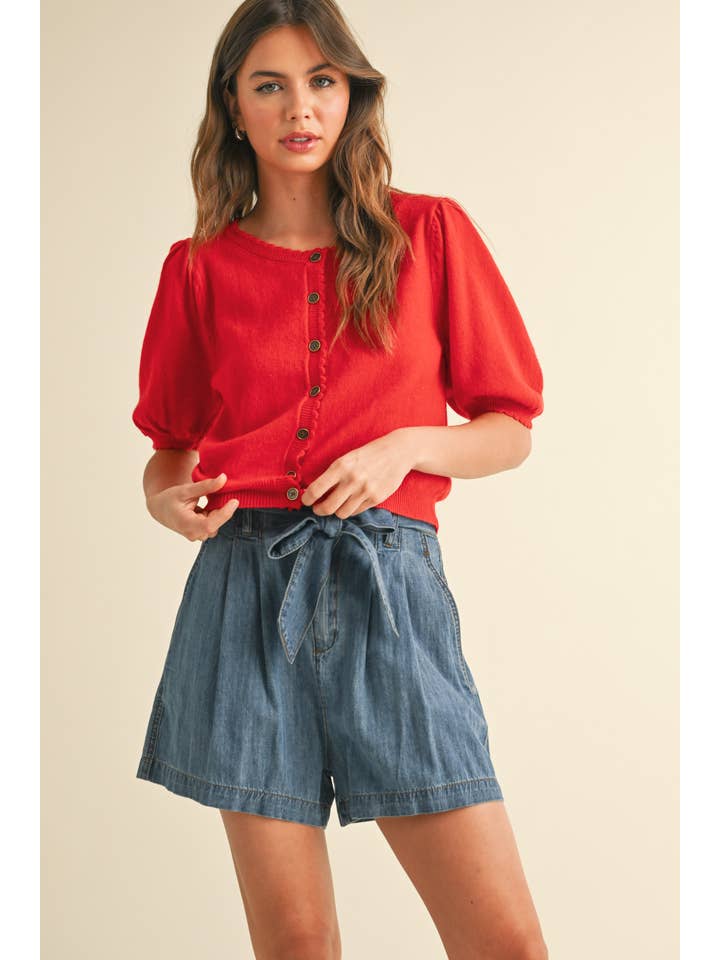 MIOU MUSE - Wholesale Cardigan - Women's - J5056 PUFF SHORT SLEEVE BUTTON DOWN KNIT CARDIGAN