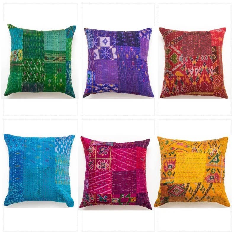 Bhawana Handicrafts - Wholesale Throw Pillow Cover - 5 Pcs Lot Multicolour Patola Silk Saree Kantha Cushion Cover3