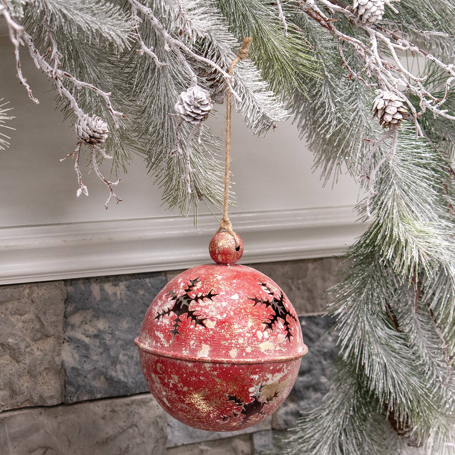 Col House Designs - Wholesale Christmas Decoration - Gleaming Distressed Red Metal Snowflake Jingle Bell - 5" x 71