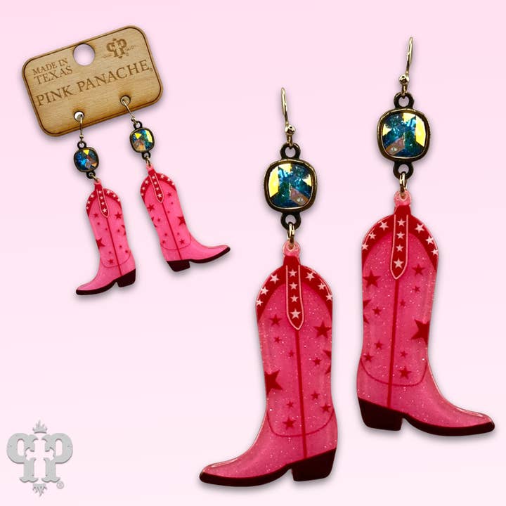 Acrylic cowgirl boot earring with Austrian crystal - LC for wholesale by Pink Panache Brands