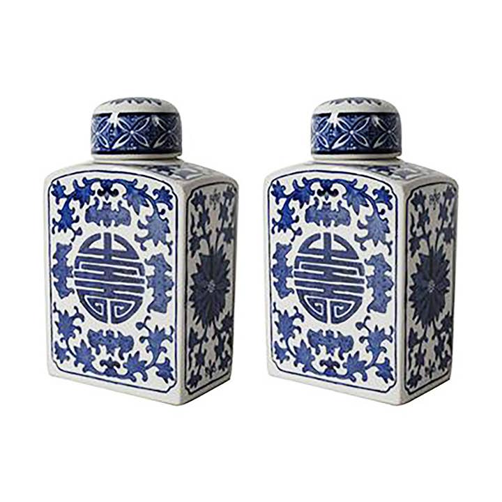 Tarro con tapa rectangular azul/blanco S/2 5.5x3.5x8.5" Ren para venta al por mayor de A&B Home Group Inc.