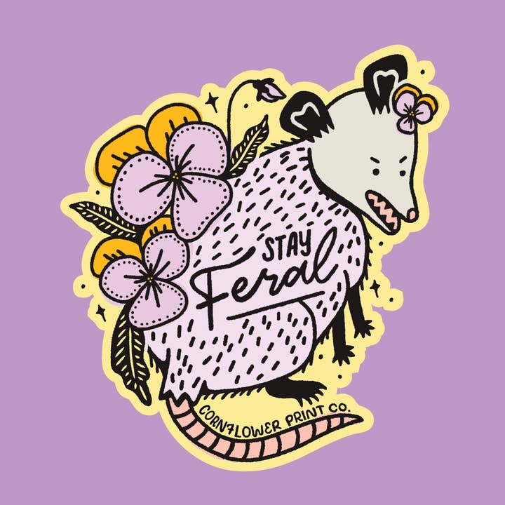 Vinyl Sticker | Stay Feral Opossum for wholesale by Cornflower Print Co.