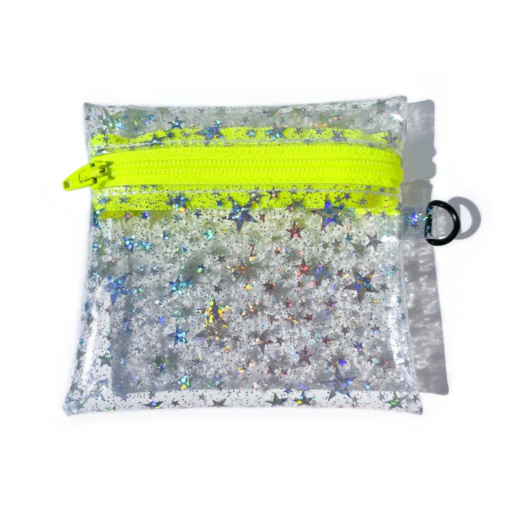 Clear Glitter Stars Coin Pouch | neon yellow zipper for wholesale by NEON SOL