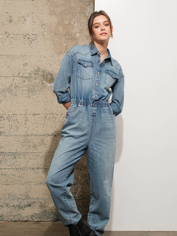 23030R - Western Yoke Pocket Denim Jumpsuit for wholesale by Blue B