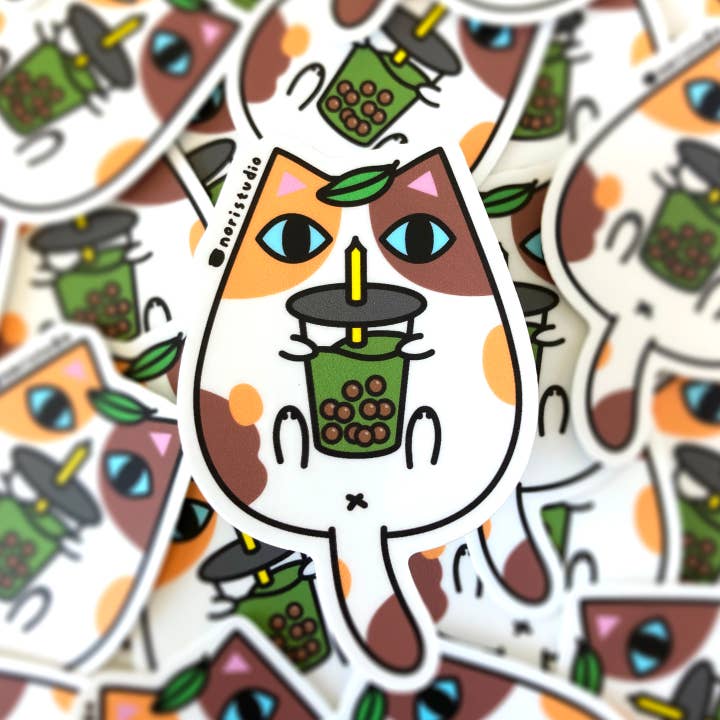 Calico Cat and Bubble Tea Vinyl Sticker for wholesale by Noristudio