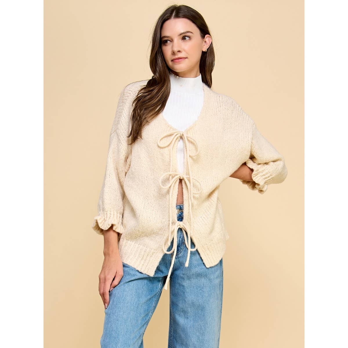 Veveret - Wholesale Cardigan - Women's - Knit Cardigan with Fornt Tie Ribbon