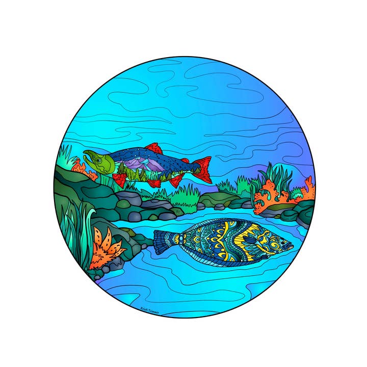 Adesivi e magneti Halibut & Salmon Under the Sea per la vendita all'ingrosso da parte di Alaska Wild & Free