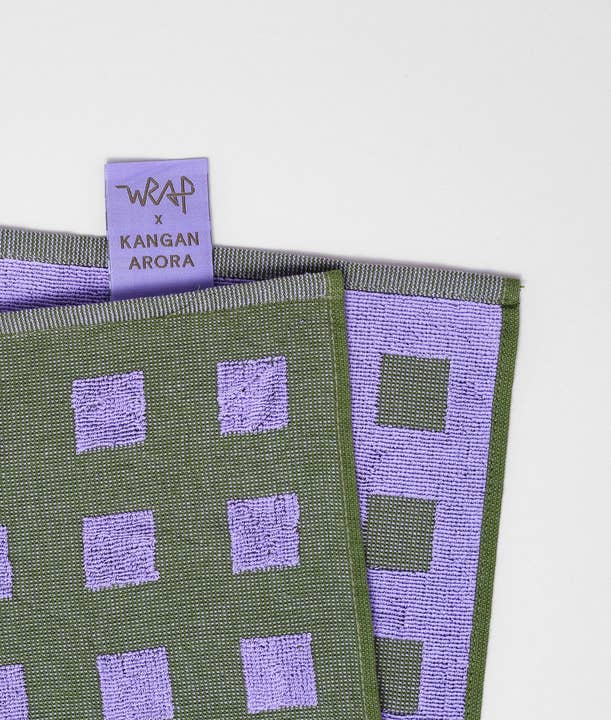 Wrap (US duties paid) – wholesale Tea towel – Squares Woven Terry Tea Towel – Olive/Lilac2