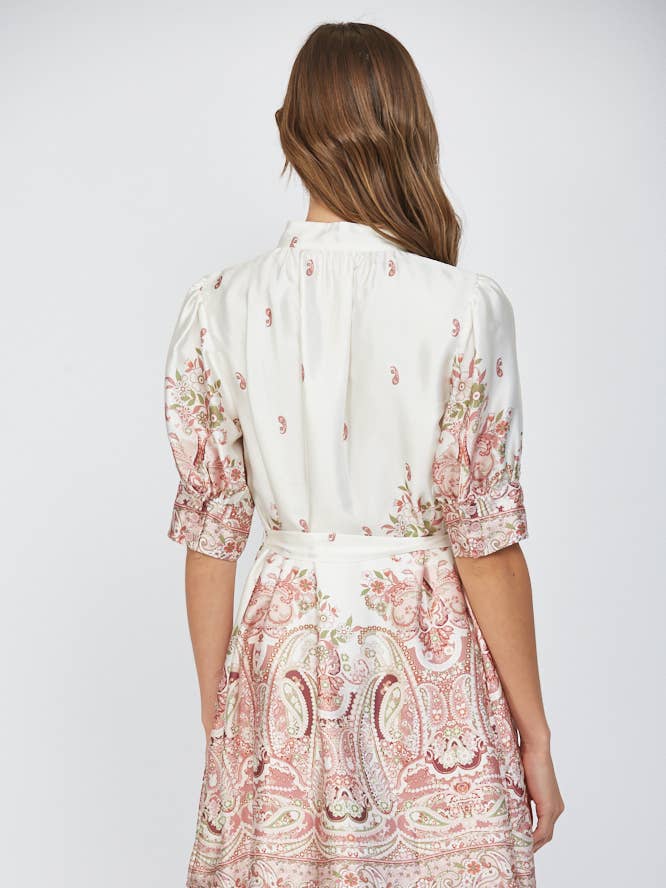 CREAM MULTI BORDER PRINT SATIN SELF WAIST TIE BUTTON FRONT DRESS FD30317 for wholesale on Faire