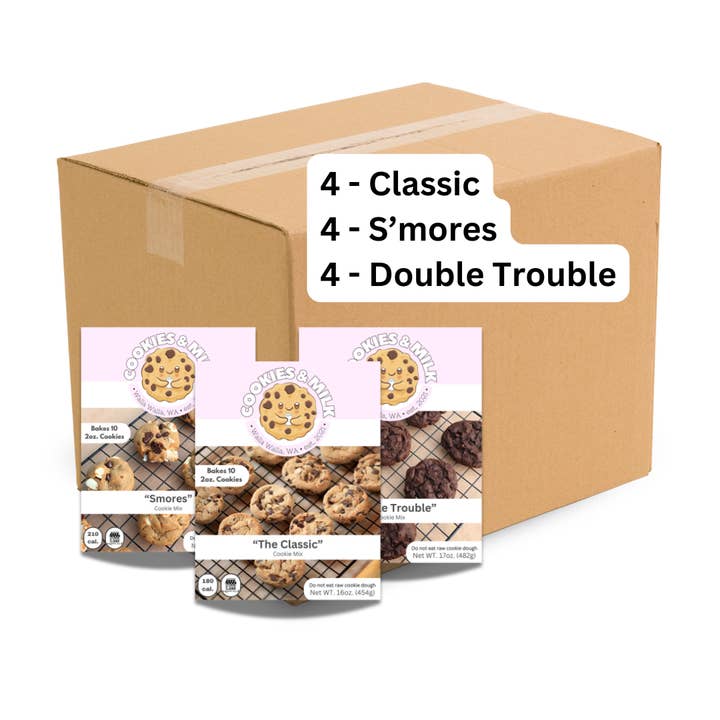 Variety Cookie Mix - 1 Case (4 of each type - Classic, S'mores, Double Trouble) for wholesale by Cookies and Milk