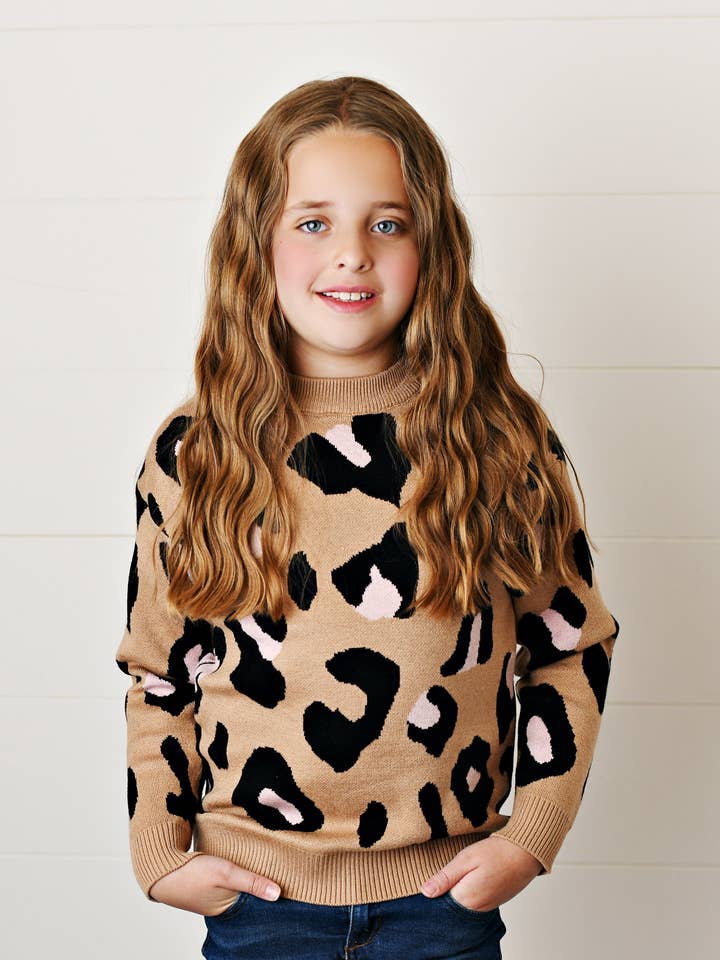 Kids Pink Leopard Print Crew Neck Sweater for wholesale by Adorable Sweetness