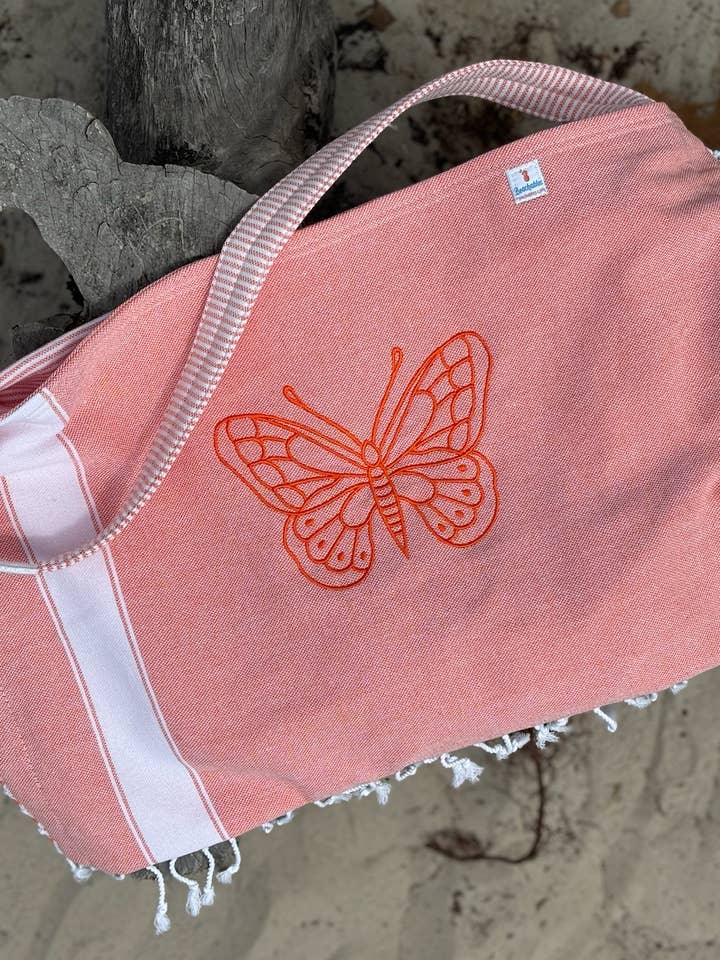 3 in 1 Turkish Cotton Tote, Butterfly Embroidery on Coral for wholesale by Beachables