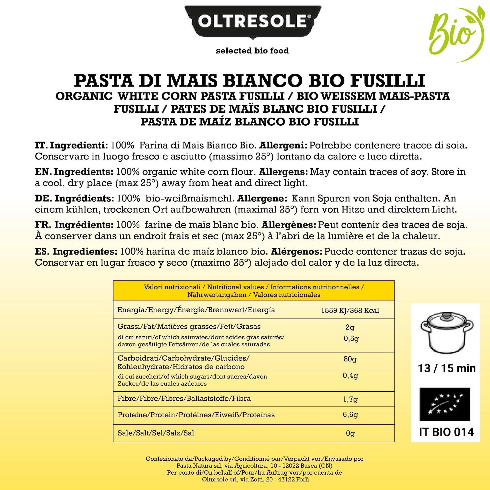 Oltresole - Vente Pâtes - PÂTES DE MAÏS BLANC BIO FUSILLI 4 Kg2