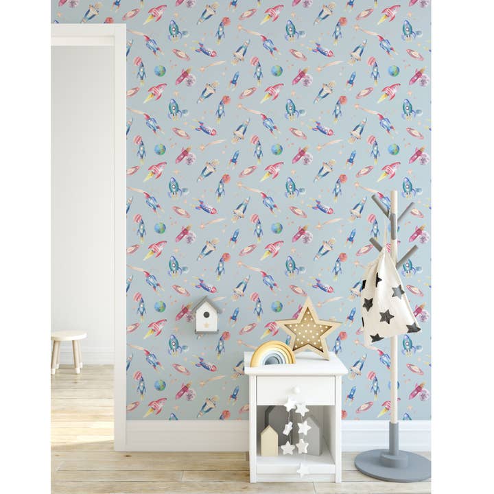Rockets Children's Wallpaper - 52cm wide,10metre long rolls for wholesale by Katie Hipwell Design