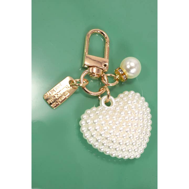Gold PUFFY PEARL HEART KEYCHAIN BAG CHARM | 40KC131 for wholesale on Faire