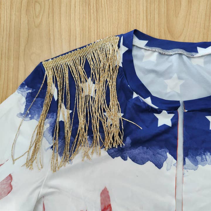 MB Fashion Wholesale - Wholesale Blouse - Women's - MB FASHION Patriotic Tie Front Crop Fringe Sleeves 2017LY3